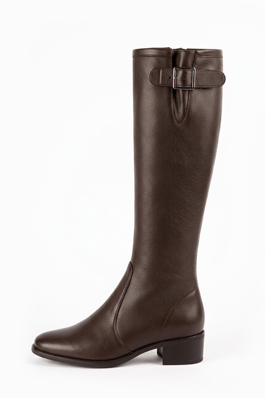 Dress custom-made knee-high boots with buckles in dark brown leather with thick leather soles and round toe - Profile view